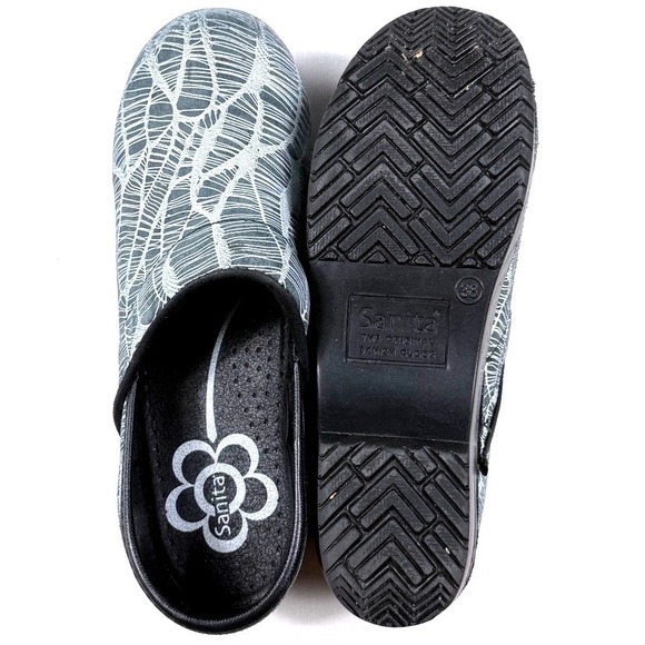 Sanita Professional Clogs Womens 38 Grey White Web Pattern Leather Nursing Shoes - Picture 6 of 7